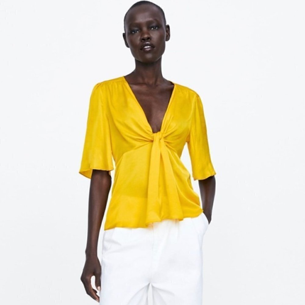Zara Yellow Knotted Front Short Sleeve Satin Blouse XS